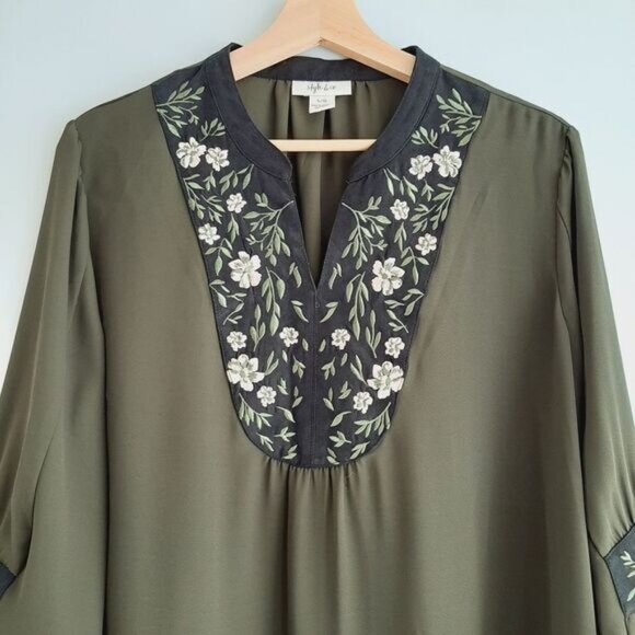 STYLE & CO Boho Peasant Blouse Floral Embroidered Flowy Bell Sleeve Sz L - Picture 3 of 15